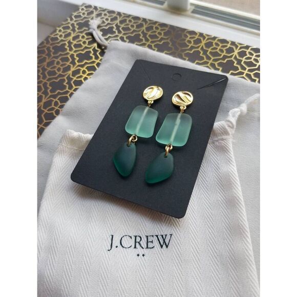 J. Crew Aqua Green Sea Glass Linear Drop Earrings in Gold - Picture 4 of 5